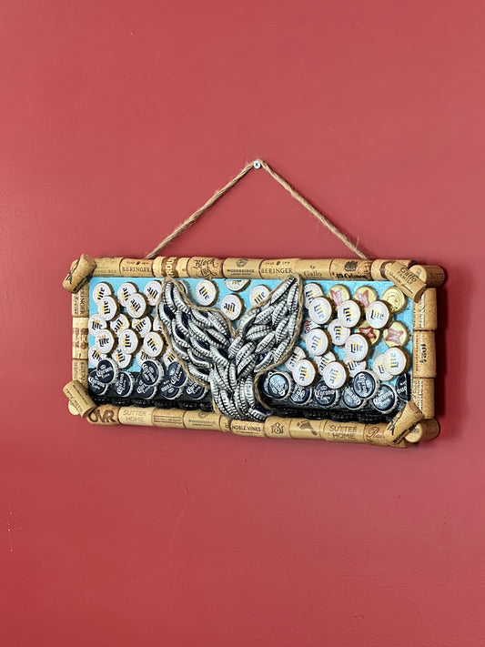 Whale fin Bottlecap Art 18”x 7.5”