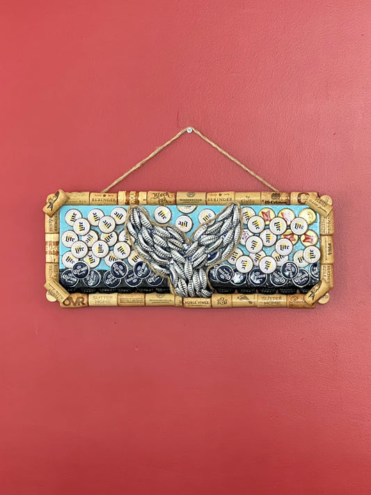 Whale fin Bottlecap Art 18”x 7.5”