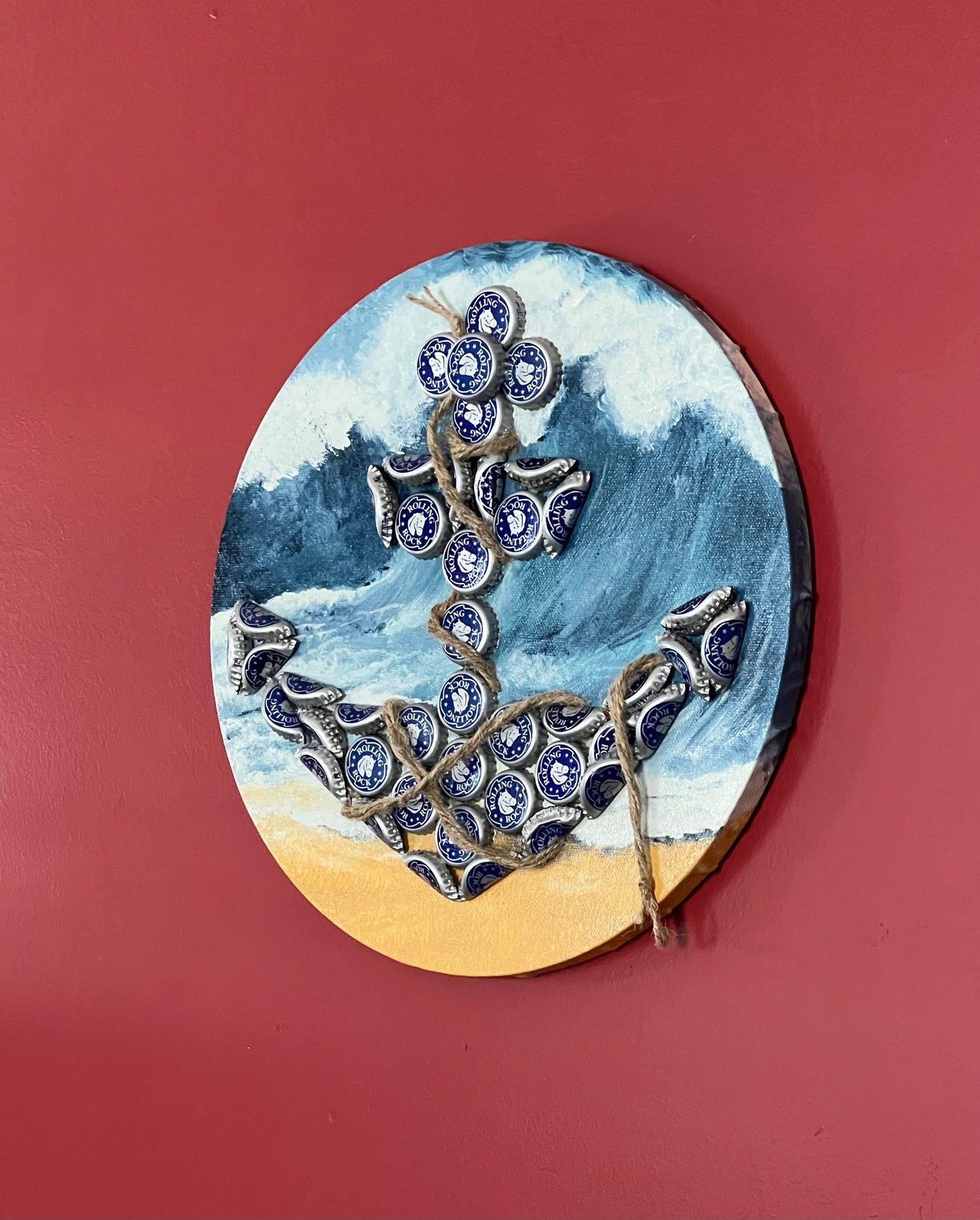 12 inch round, 3D Anchor Bottlecap w rope Art