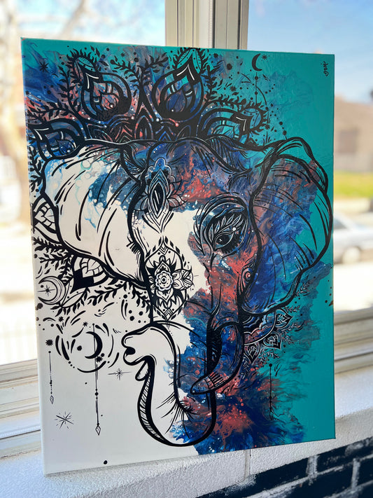 “Mandala Elephant” embellished Pour 18x24
