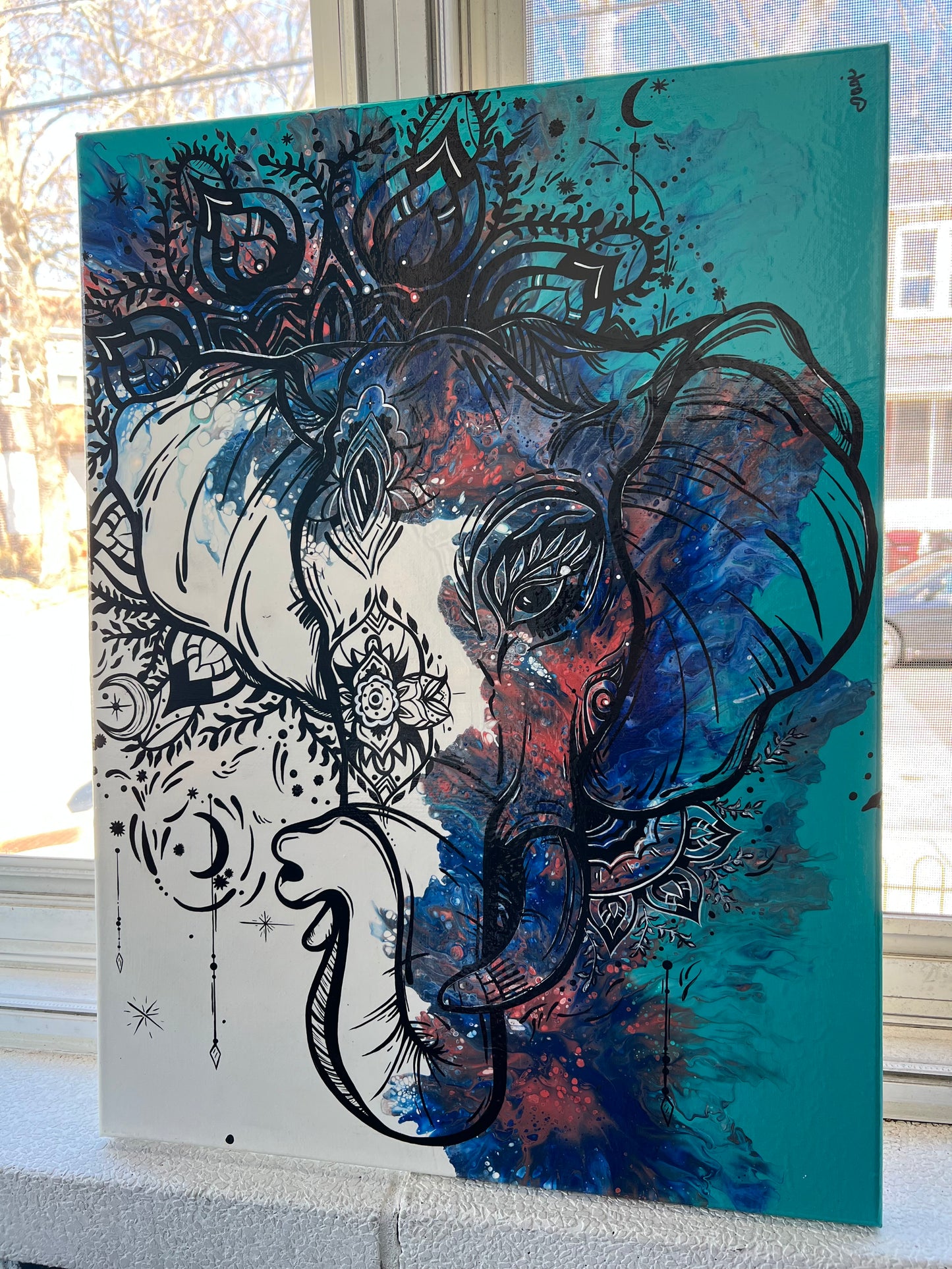“Mandala Elephant” embellished Pour 18x24