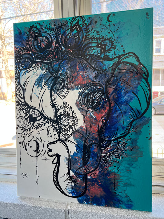 “Mandala Elephant” embellished Pour 18x24