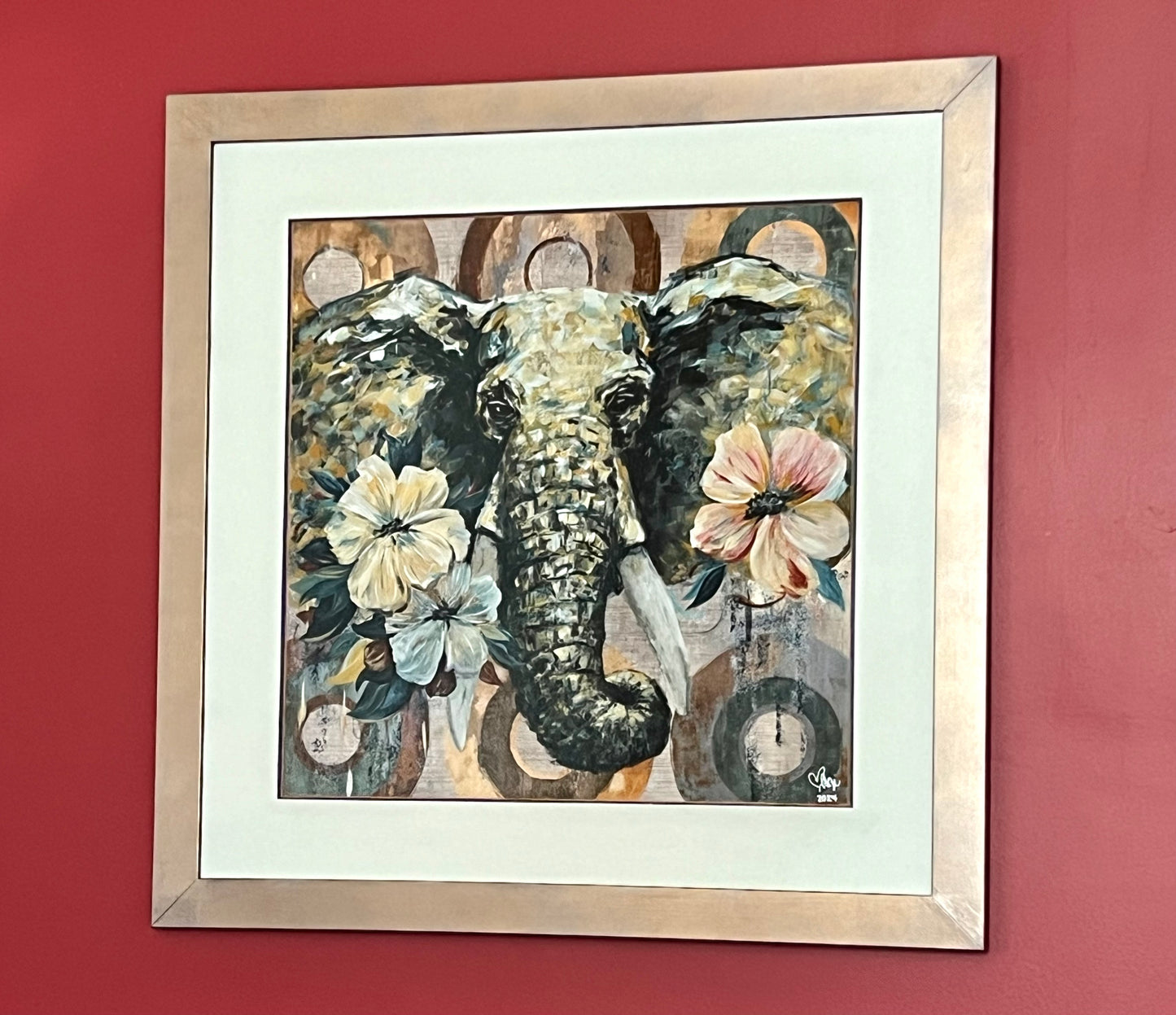 Framed floral elephant 33.5”x33.5”