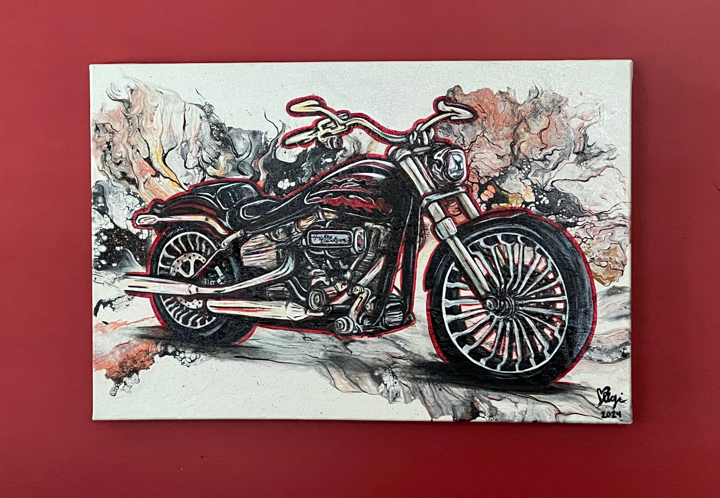 18x12 acrylic pour& paint over motorcycle