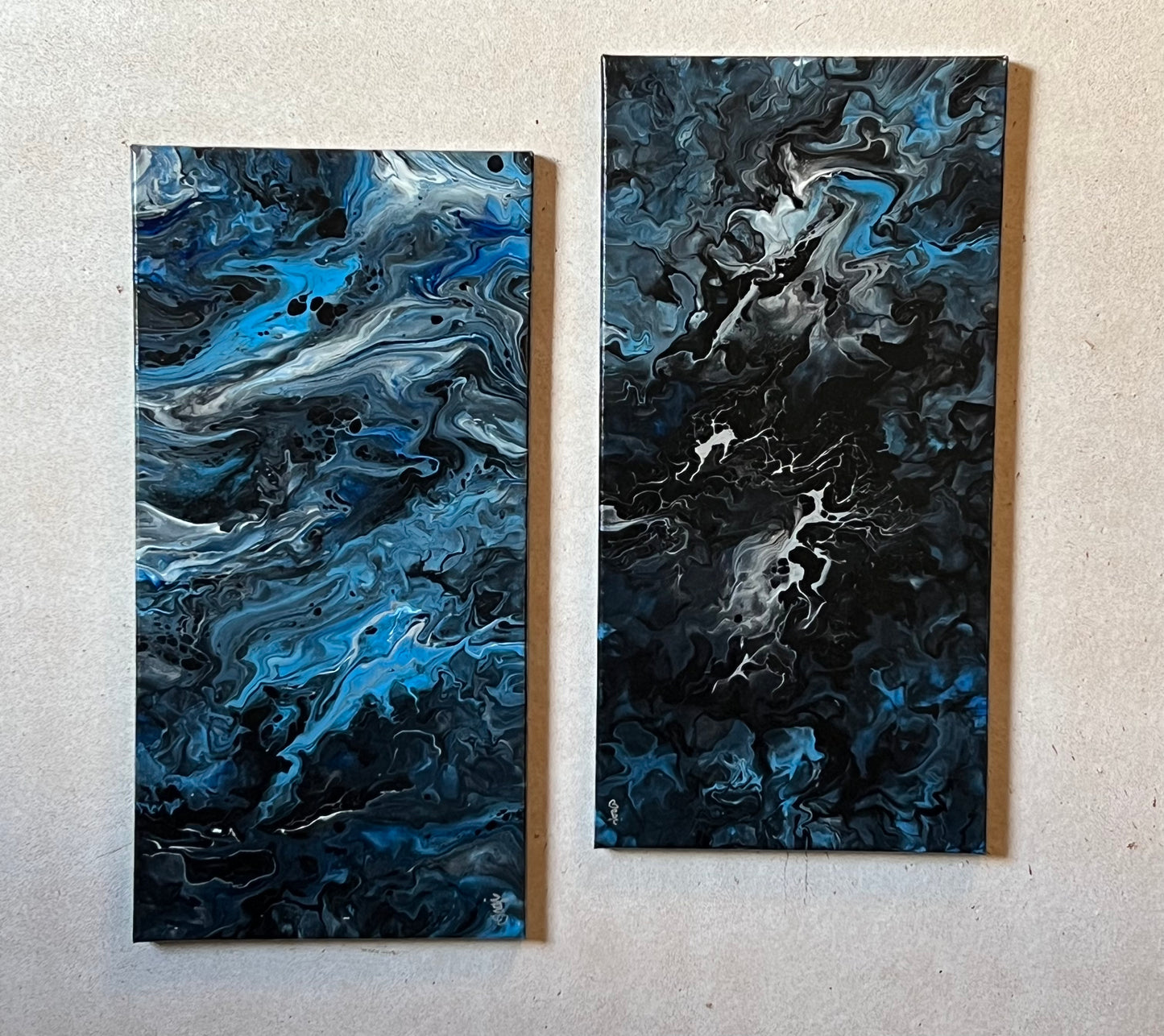 Metallic Blue/Black" Acrylic Pour (2) 10x20