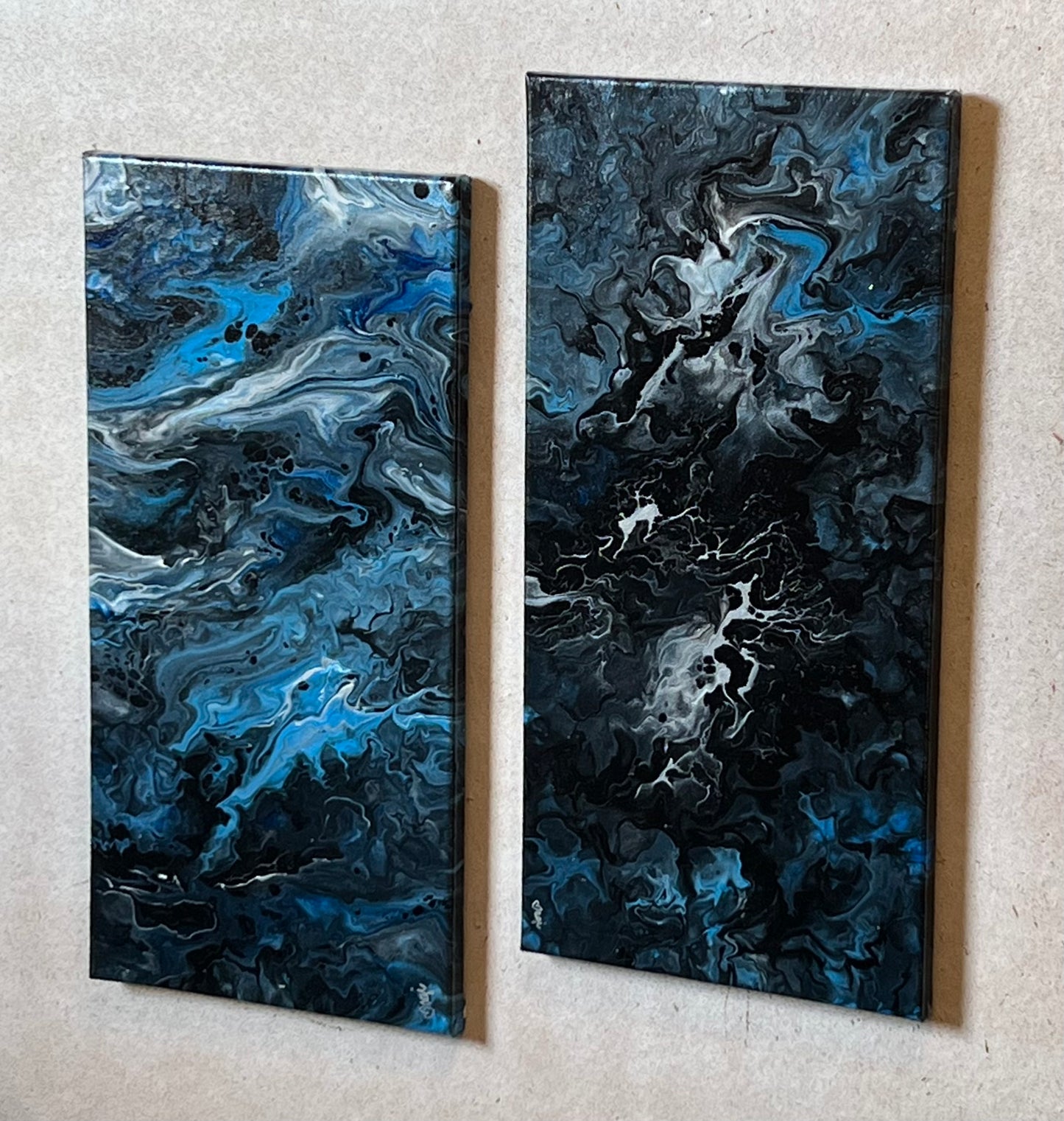 Metallic Blue/Black" Acrylic Pour (2) 10x20